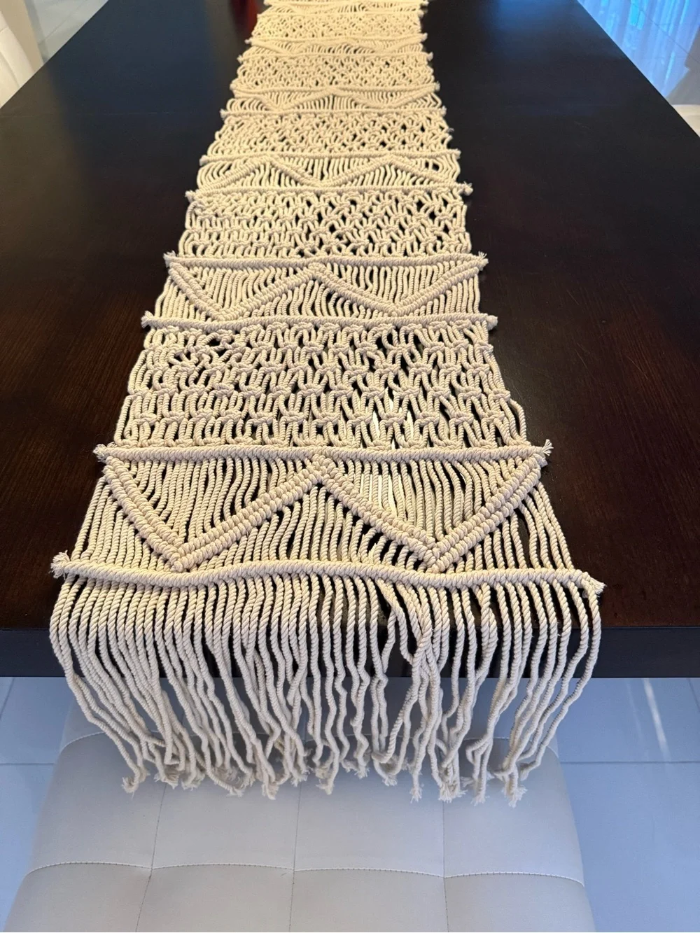 Handwoven Macramé Table Runner Boho Fringe Cotton Linen Natural Cream Rope Spain